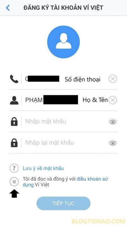 Mẫu đăng ký tài khoản Ví Việt